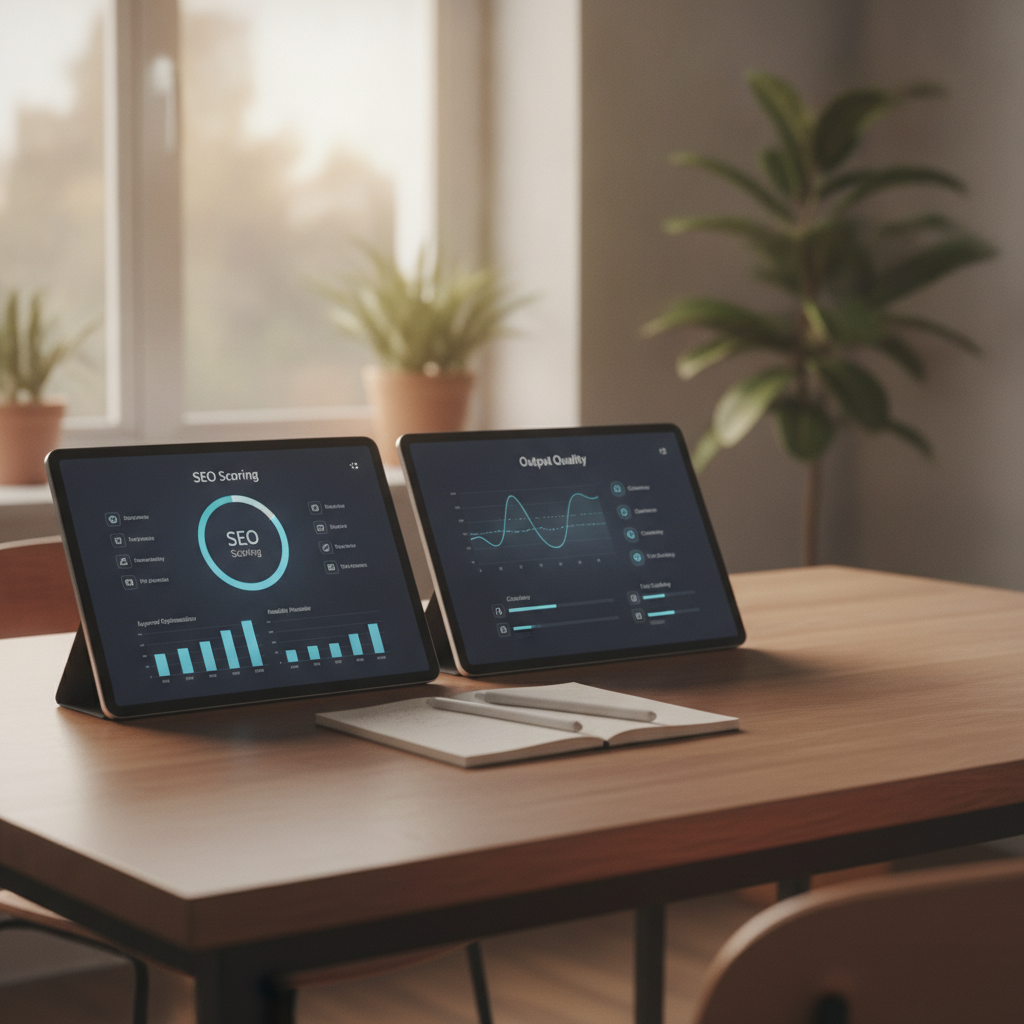 dashboard comparison of ai article writing software review criteria including SEO scoring and output quality