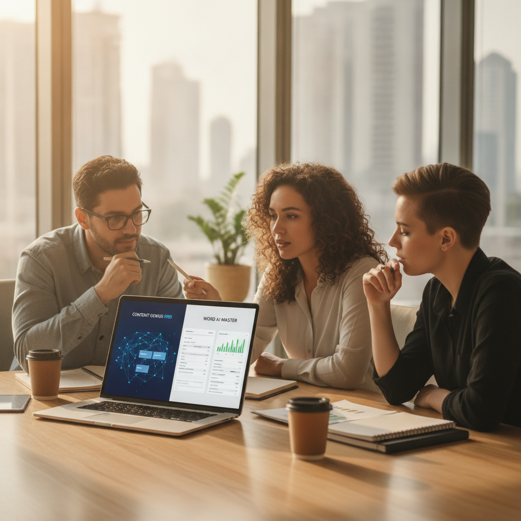 Marketing team comparing different ai content creation tools on a laptop screen