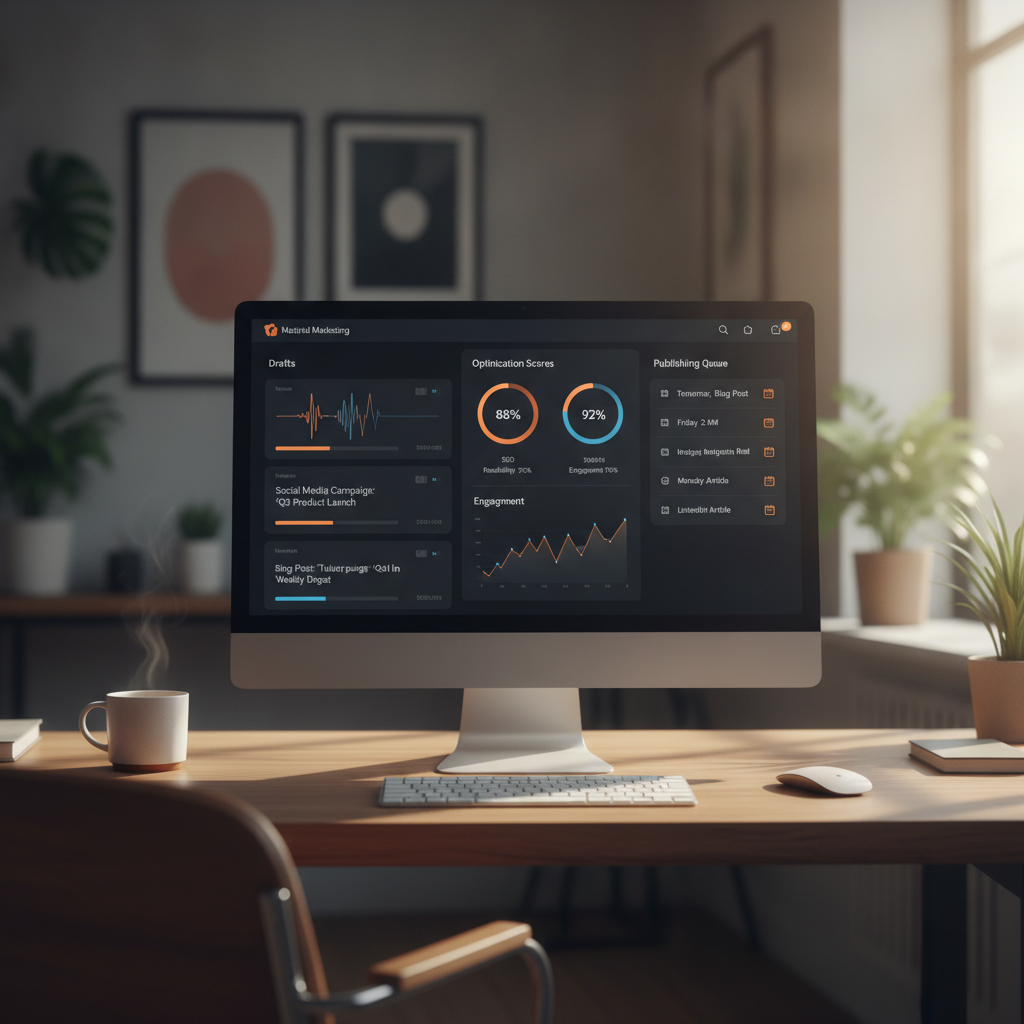 Dashboard showing AI content for digital marketing workflow with drafts, optimization scores, and publishing queue