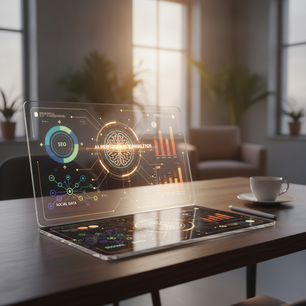 Dashboard visualization showing AI for content performance analytics unifying SEO, CRM, and social data streams