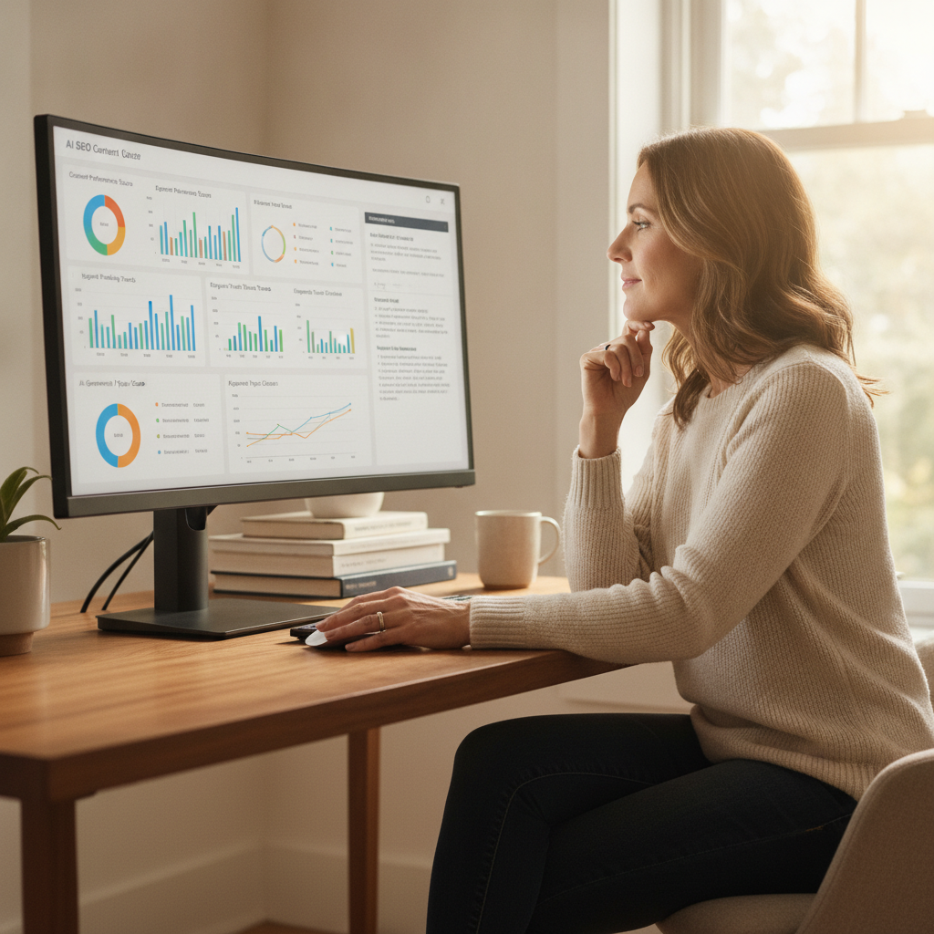 Business owner reviewing AI SEO content creation dashboard with analytics charts