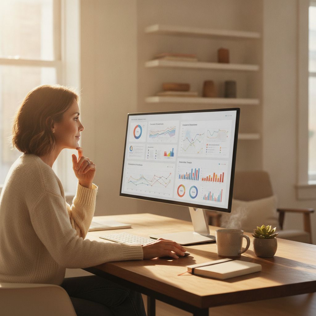 small business owner reviewing AI generated content strategy dashboard