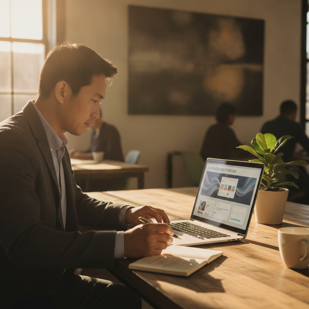 Entrepreneur reviewing an AI generated website from a description on a laptop dashboard