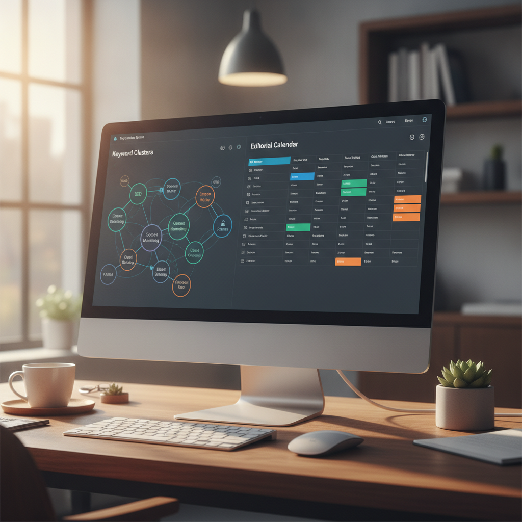 AI-driven content strategy dashboard showing keyword clusters and editorial calendar