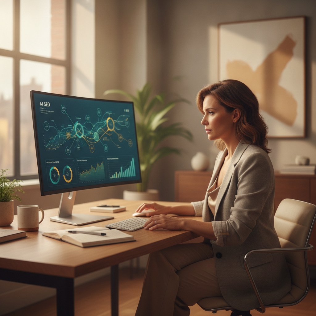 business owner reviewing AI SEO dashboard showing search visibility data