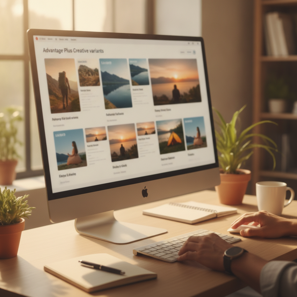 AI Meta ads creative generator workflow showing Advantage Plus Creative variants inside Ads Manager