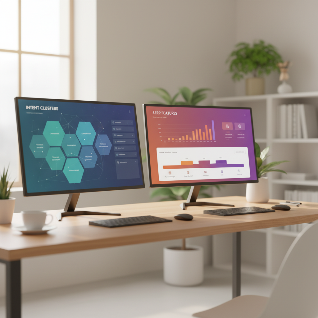 Dashboard comparison of AI powered keyword research tools showing intent clusters and SERP features
