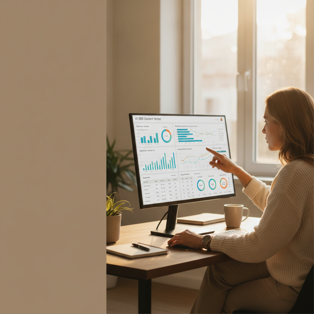 Business owner reviewing AI SEO content writer dashboard with keyword and ranking data