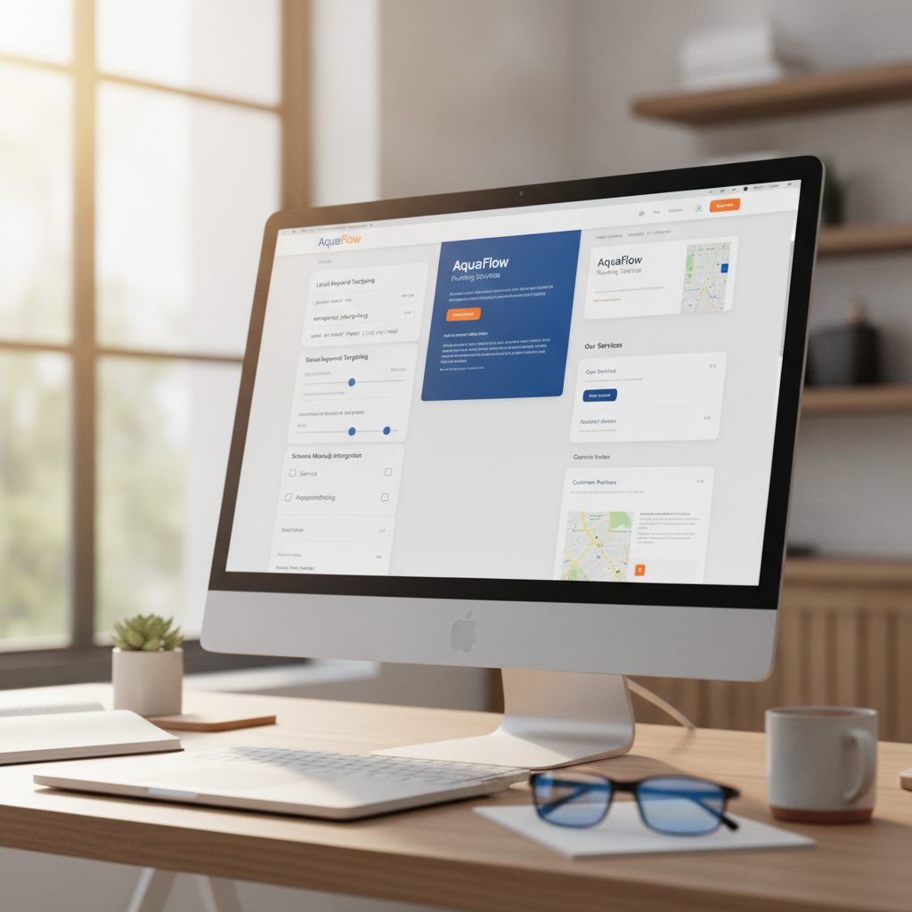 AI dashboard showing plumber service page generation with local keyword targeting and schema markup