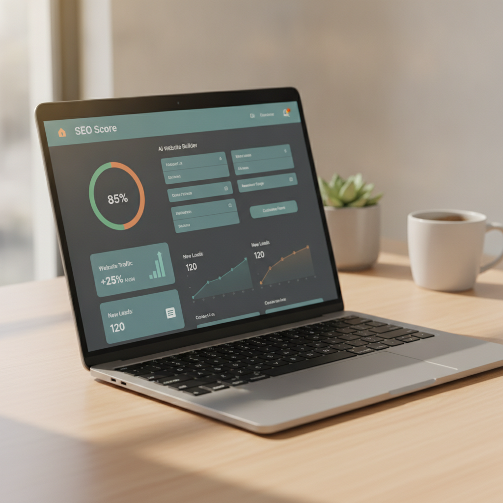 Dashboard of an AI website builder for small business showing SEO scores, traffic metrics, and lead capture forms