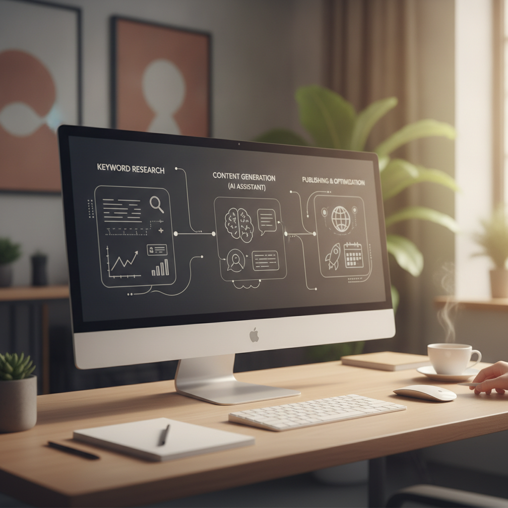 Dashboard showing automated seo content generation workflow with keyword research and publishing stages