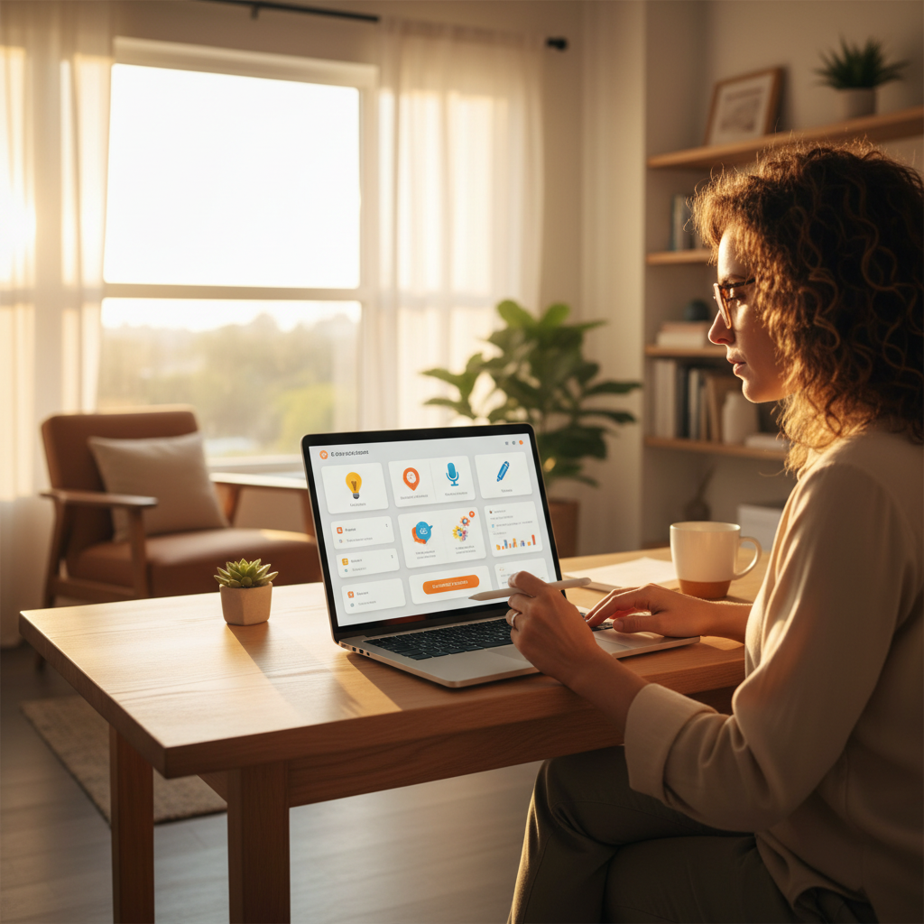 Small business owner using AI content creation dashboard on laptop