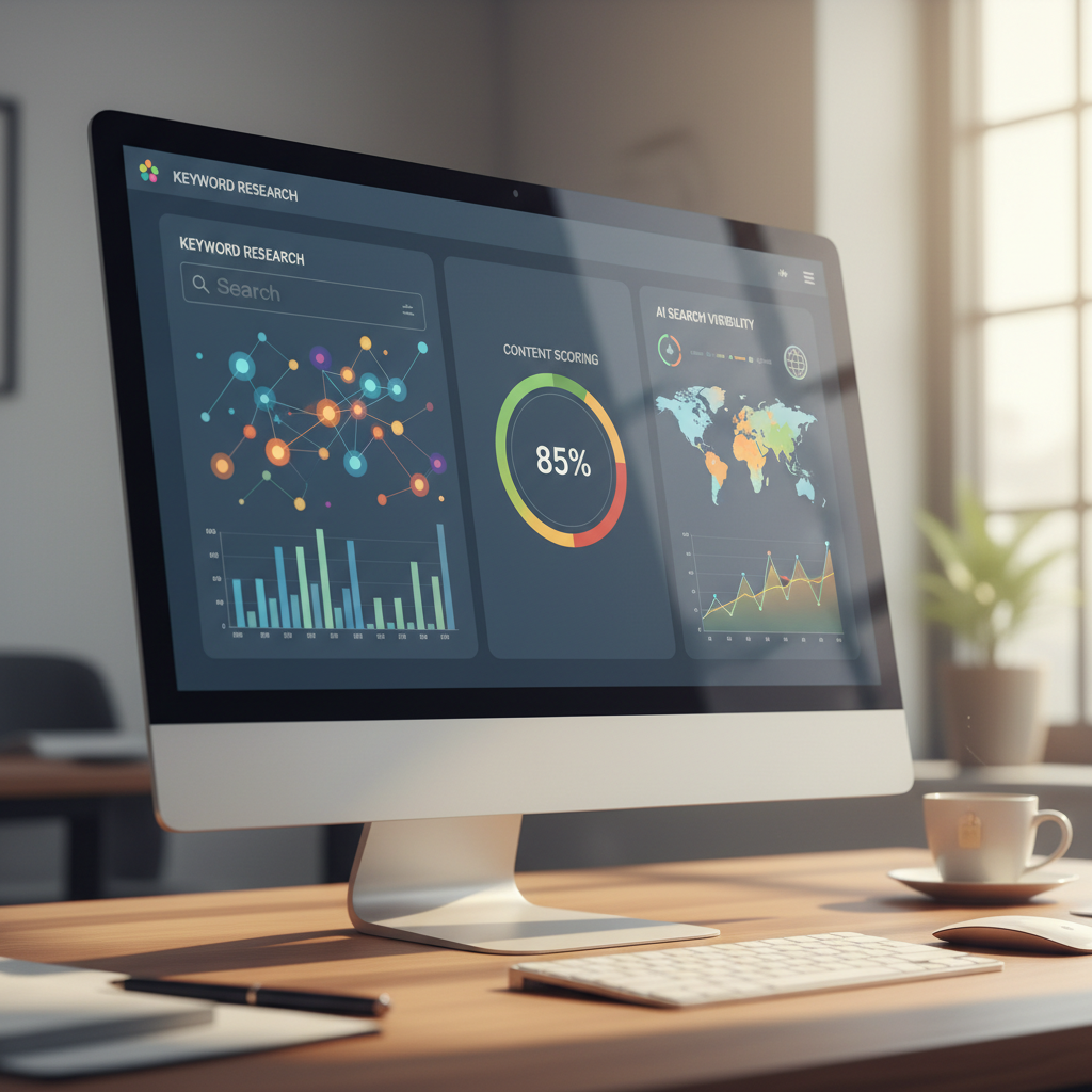 Dashboard view of AI content optimization tools showing keyword research, content scoring, and AI search visibility metrics