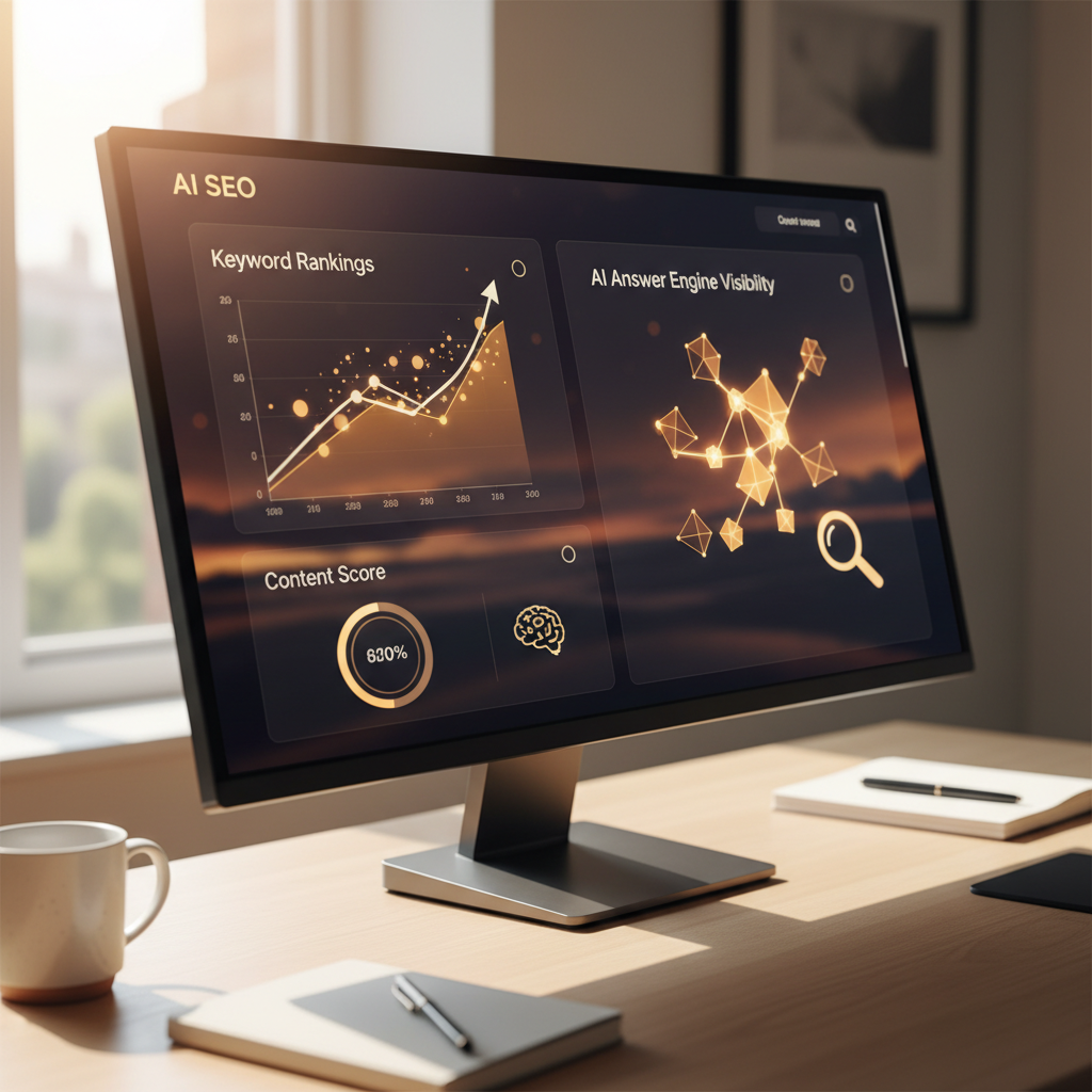 AI SEO tools dashboard showing keyword rankings, content score, and AI answer engine visibility for small business