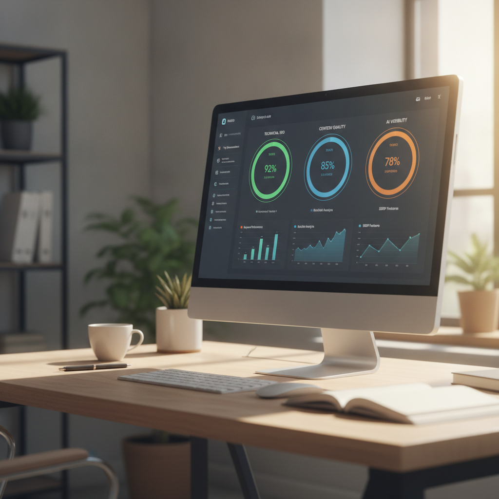 Dashboard showing AI tools for SEO audit results including technical, content, and AI visibility scores