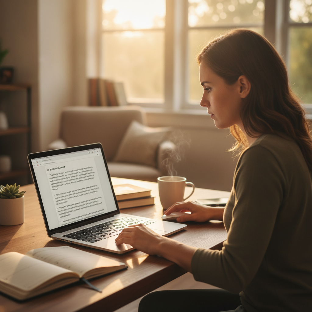 small business owner reviewing AI-generated blog content on a laptop