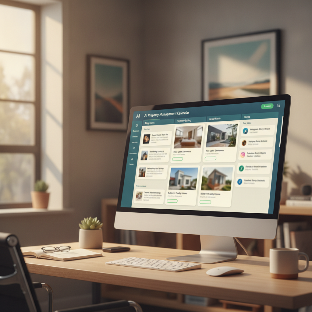 AI dashboard showing property management content calendar with blog topics, listings, and social posts