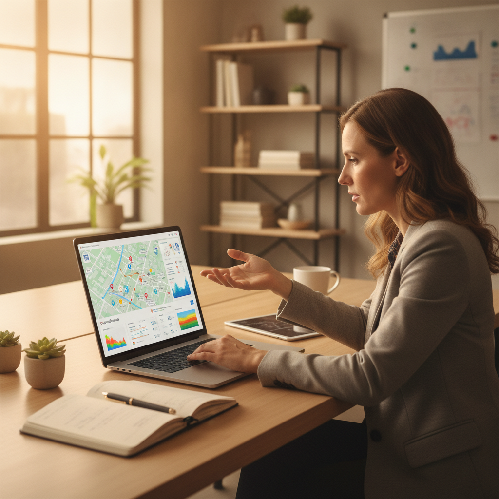 Real estate agent using AI software to create a hyperlocal neighborhood guide on a laptop