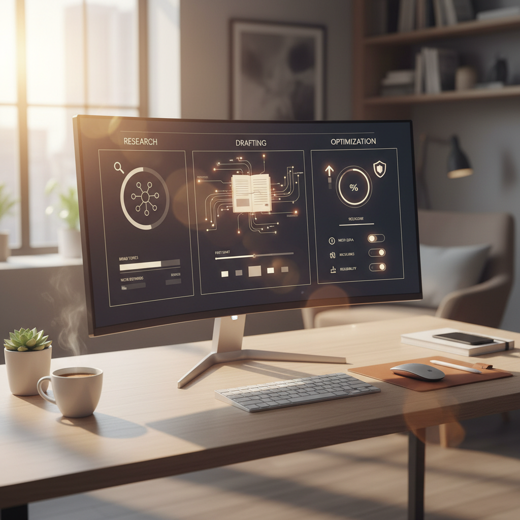 Dashboard showing AI content marketing workflow with topic research, drafting, and SEO optimization stages