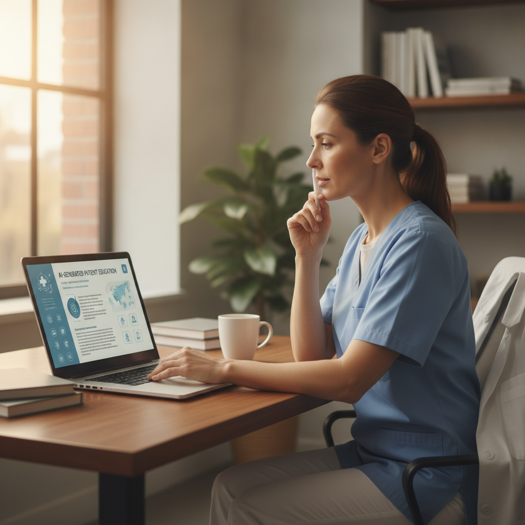 Healthcare provider reviewing AI-generated patient education content on a laptop