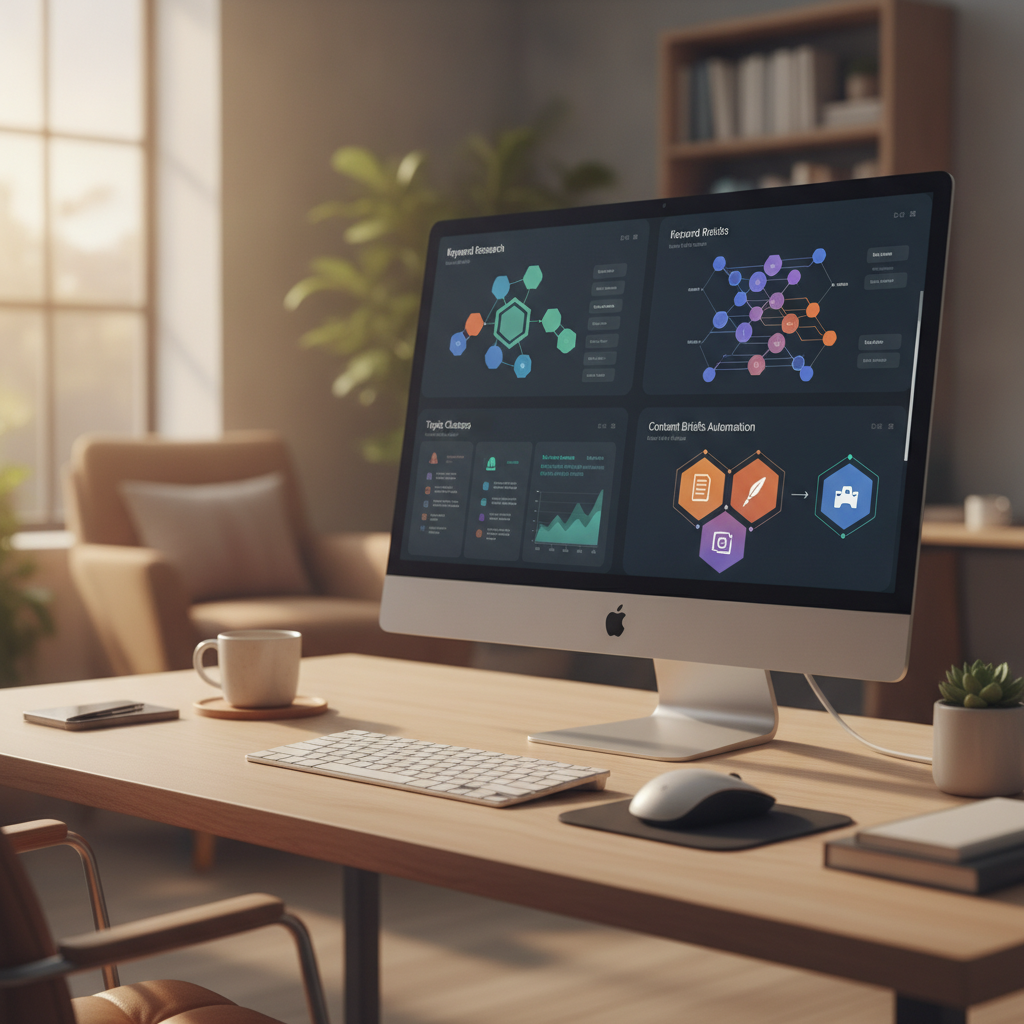 AI dashboard showing SEO content workflow automation for keyword research and briefs