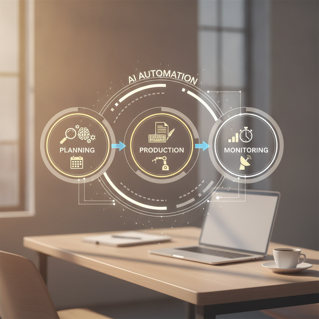 Diagram showing how AI automates SEO tasks across planning, production, and monitoring stages