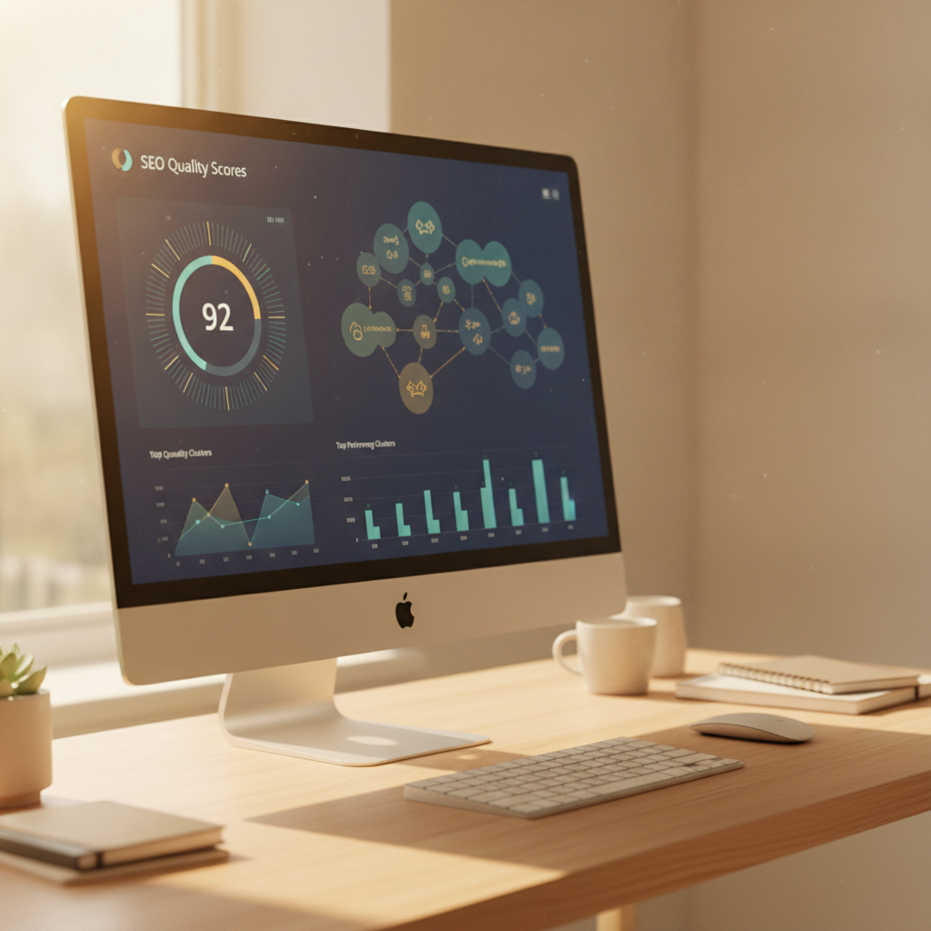 AI content optimization dashboard showing SEO quality scores and keyword clusters