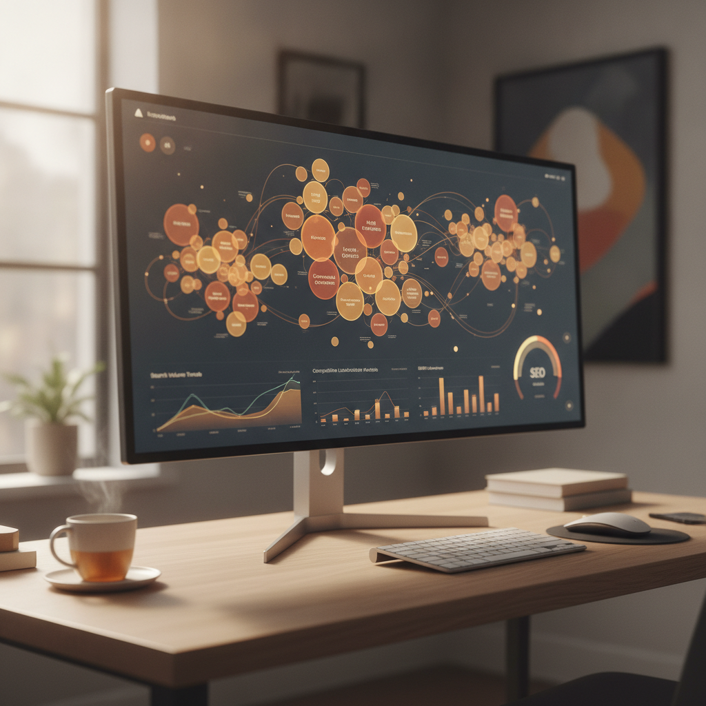 AI dashboard showing keyword clusters and search intent data for SEO rankings