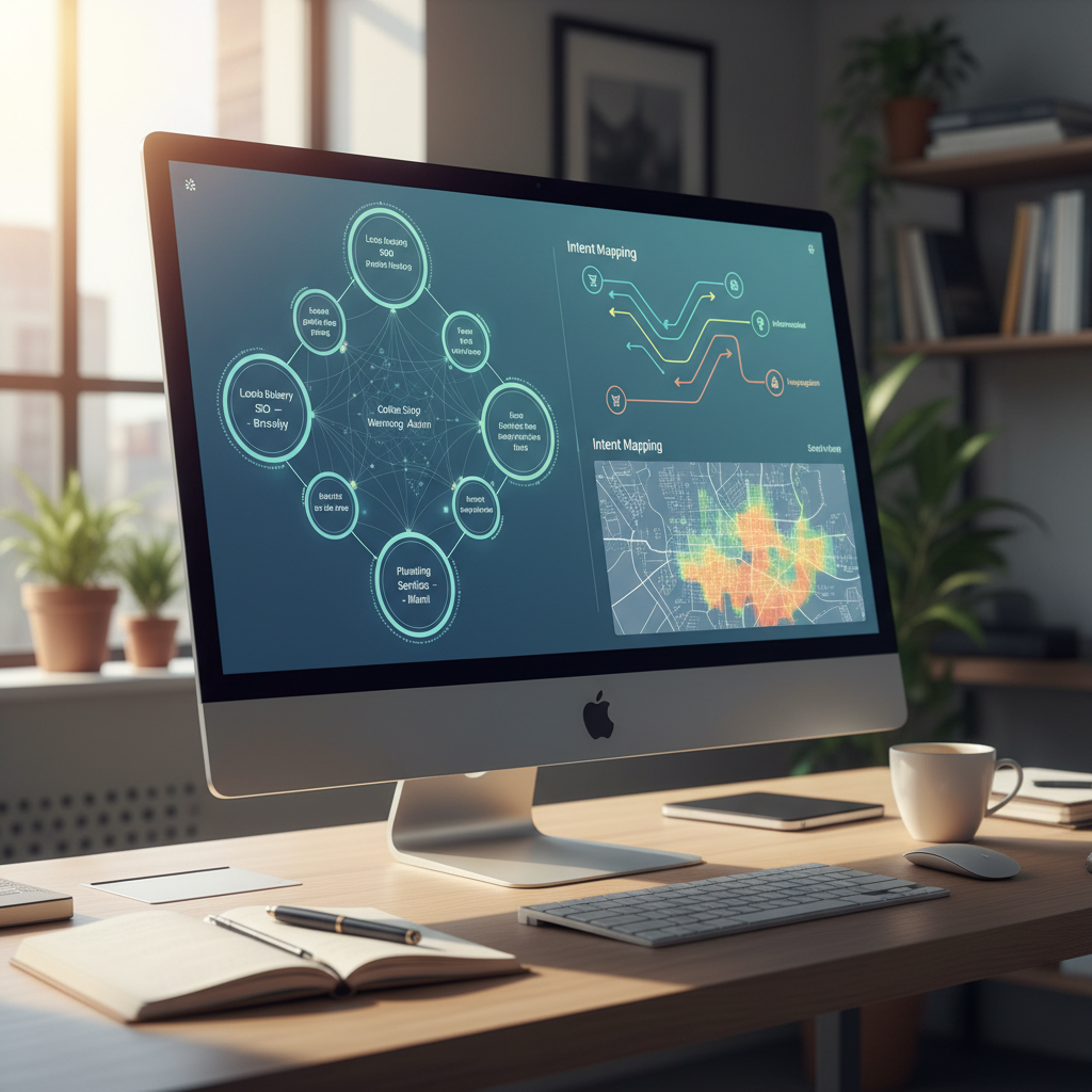 AI dashboard showing local SEO keyword clusters and intent mapping for a small business