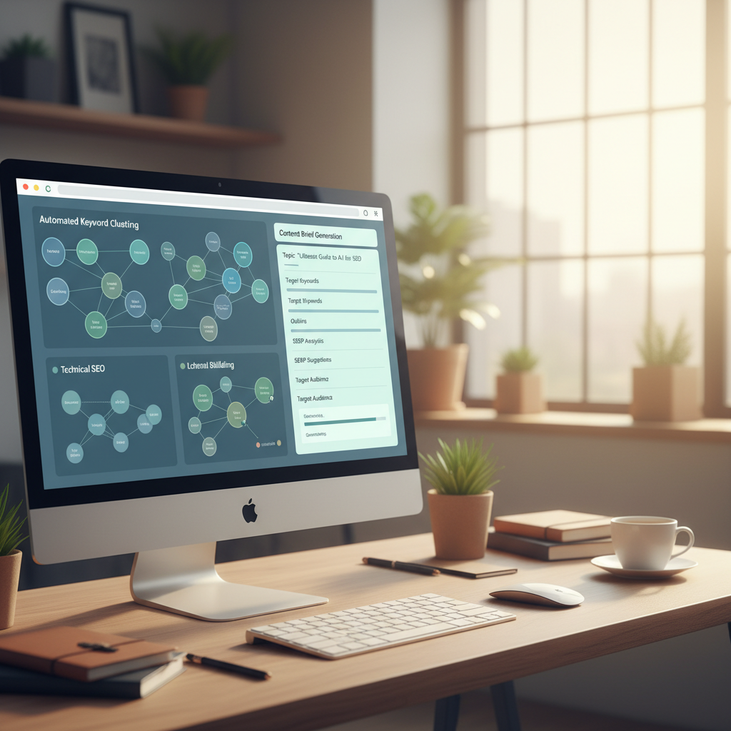 AI dashboard showing automated keyword clustering and content brief generation for SEO agency