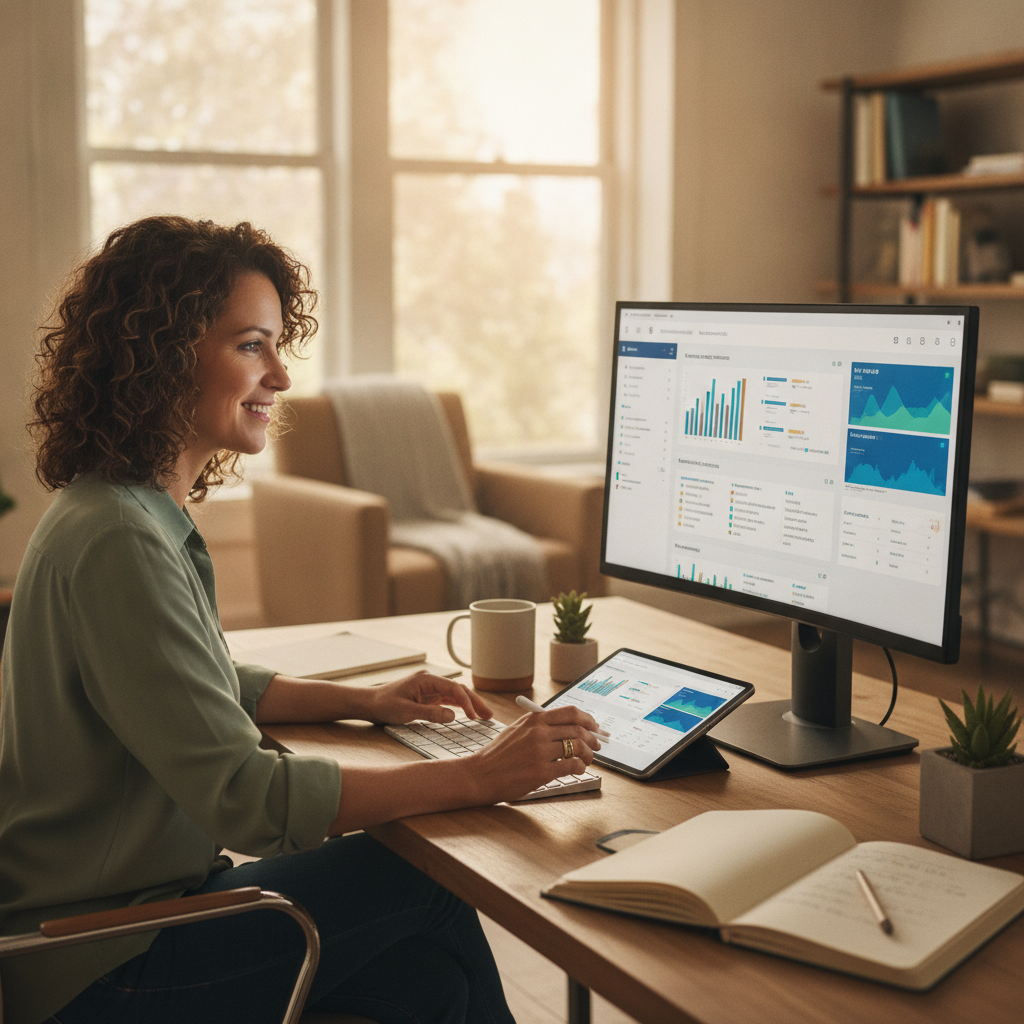 Small business owner using AI SEO dashboard to manage keyword research and content creation