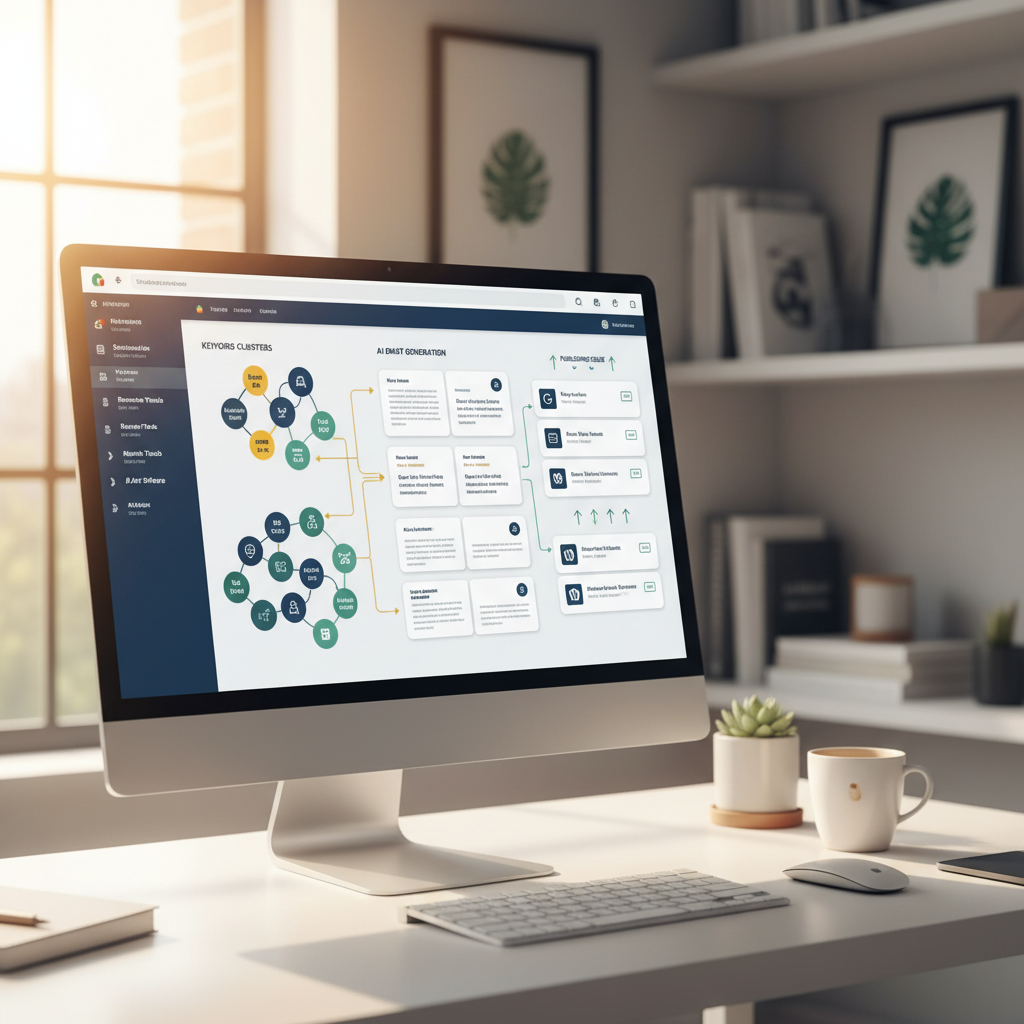 Dashboard showing automated SEO content workflow with keyword clusters and AI-generated drafts