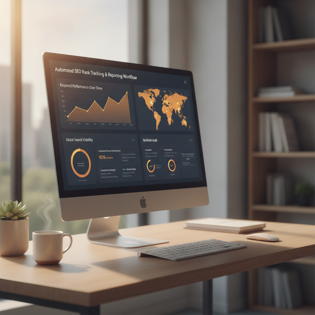 dashboard showing automated SEO rank tracking and reporting workflow