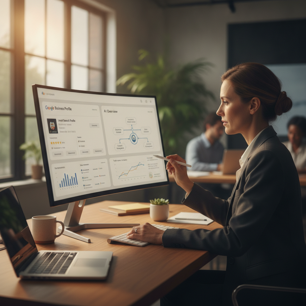 Business owner reviewing AI-generated local SEO dashboard with Google Business Profile and AI Overview data