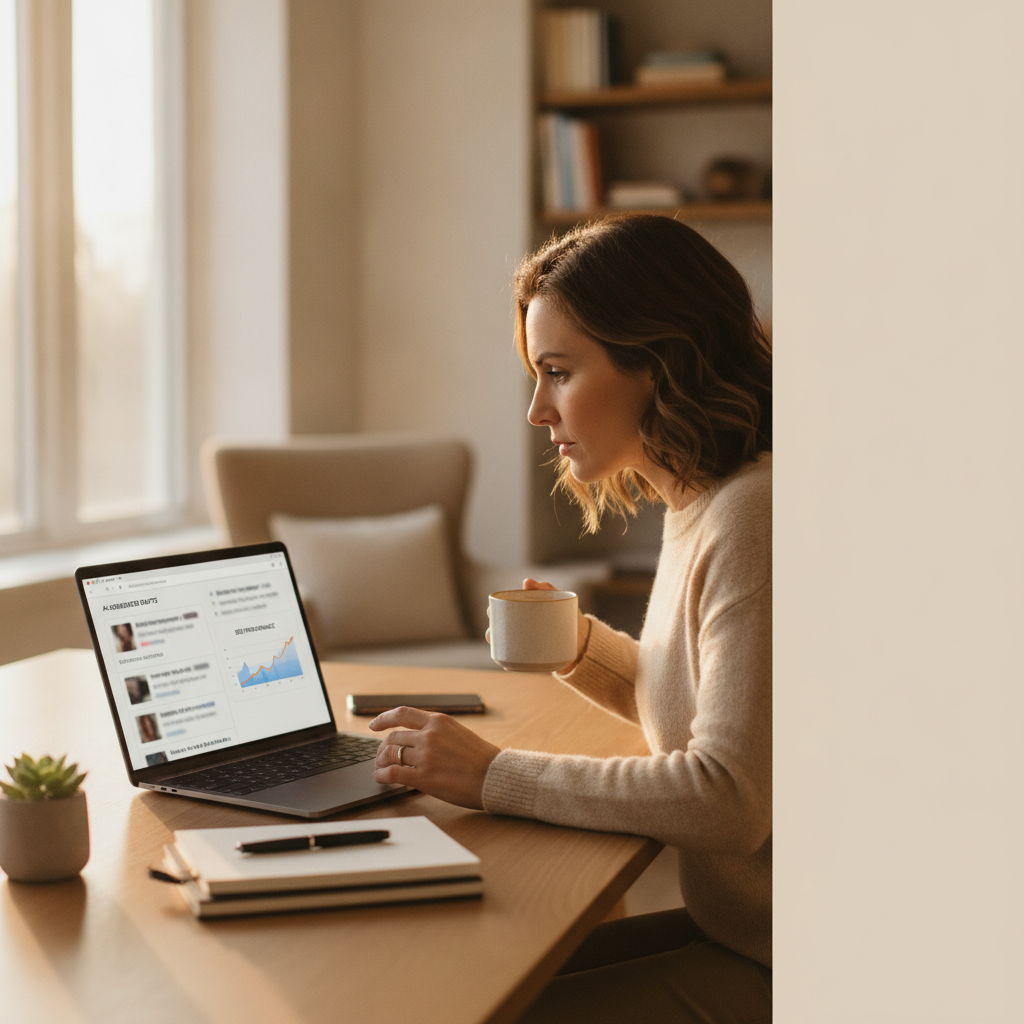 Founder reviewing AI-generated SEO blog post drafts on a laptop dashboard
