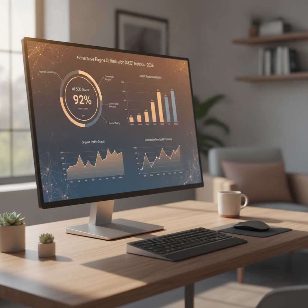 Dashboard showing AI-driven SEO analytics and Generative Engine Optimization metrics for 2026