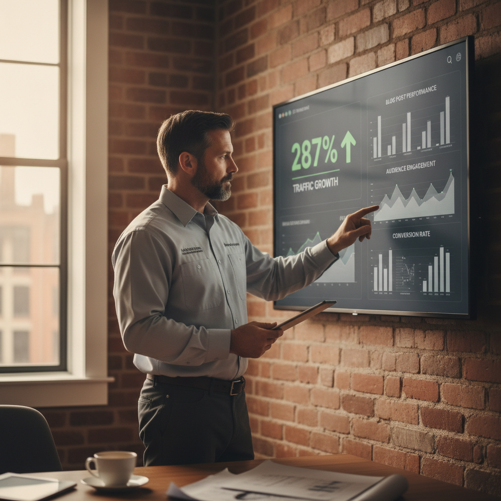 HVAC contractor reviewing AI-generated blog content performance dashboard showing 287% traffic growth