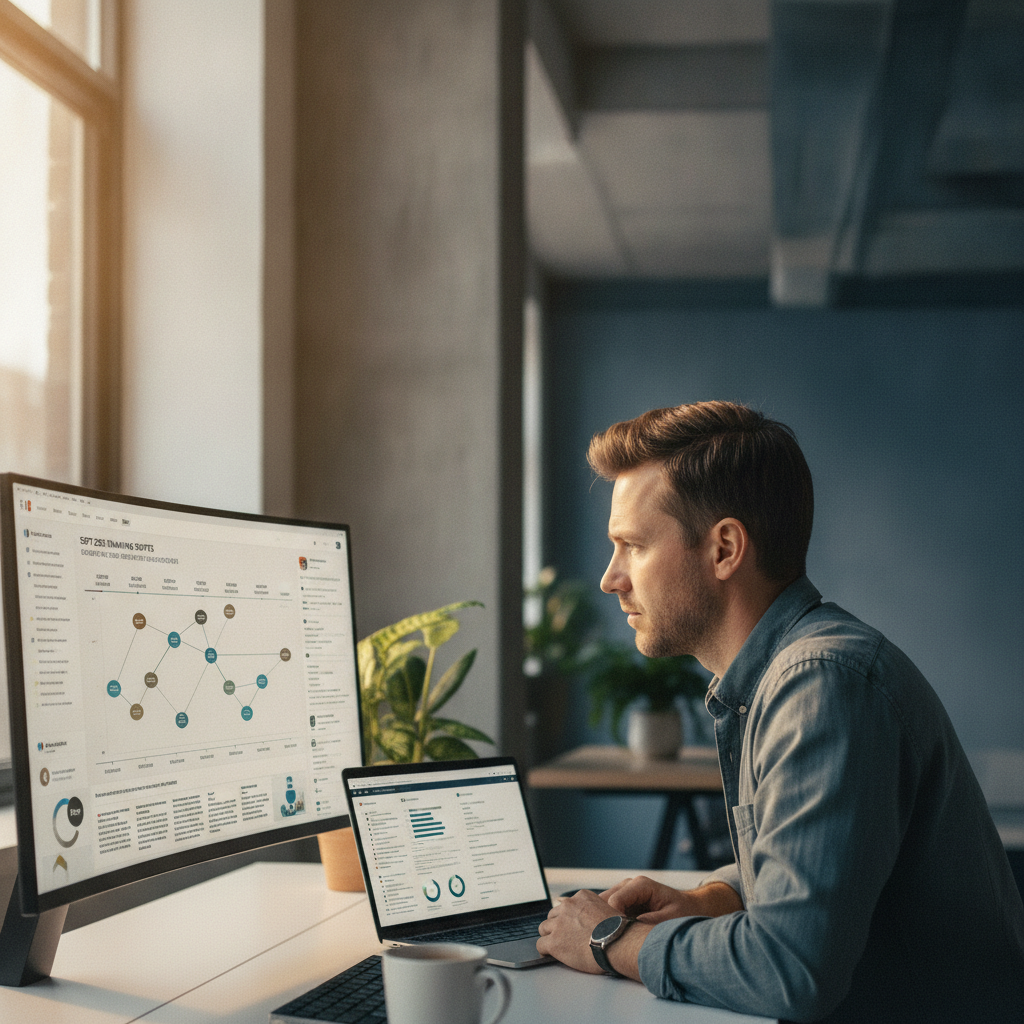 Marketer reviewing search engine news updates and algorithm timeline on a dashboard