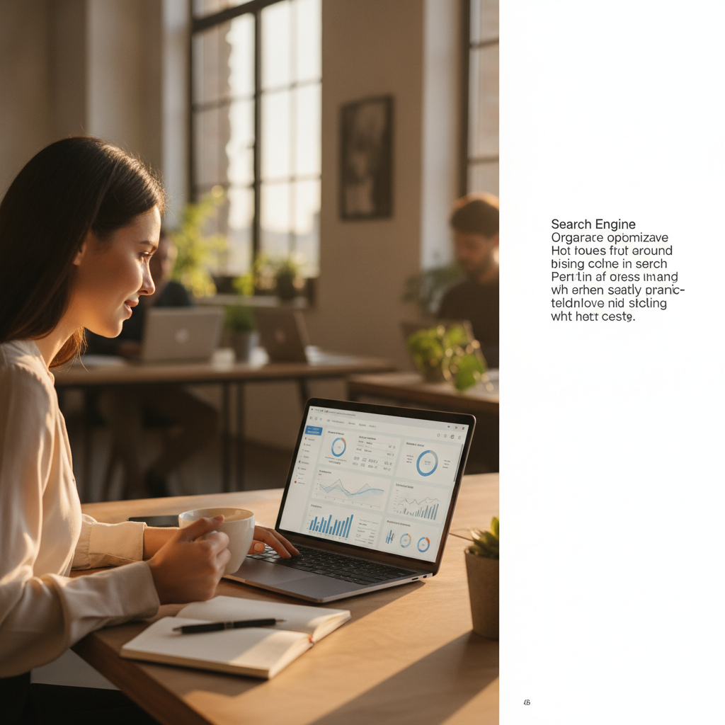 Business owner reviewing SEO meaning and organic search performance on a laptop dashboard