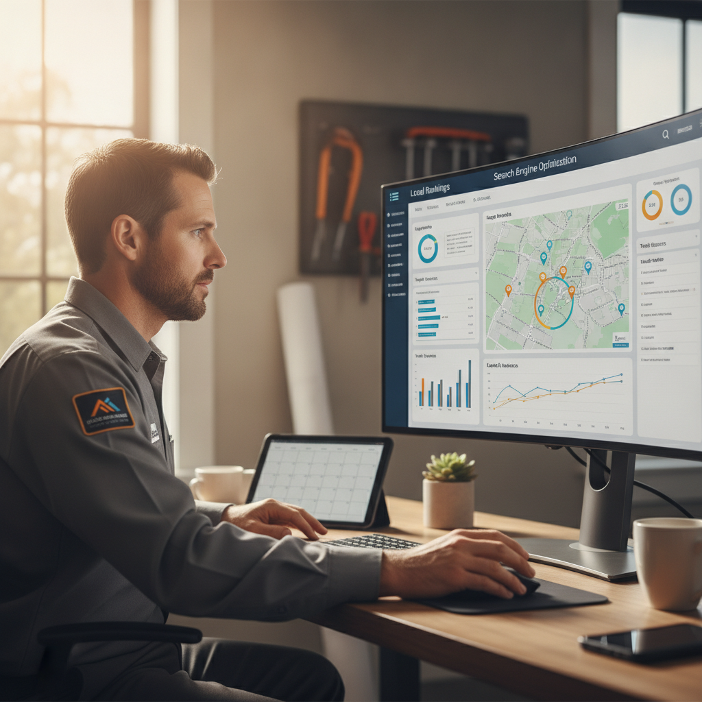 HVAC technician using SEO dashboard to track local search rankings