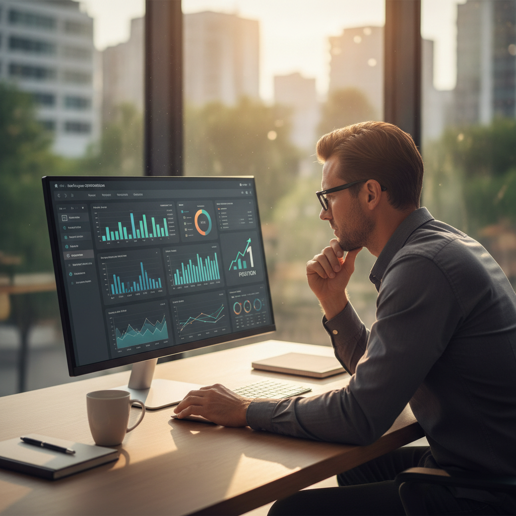 Business owner reviewing search engine optimization dashboard showing rankings and traffic