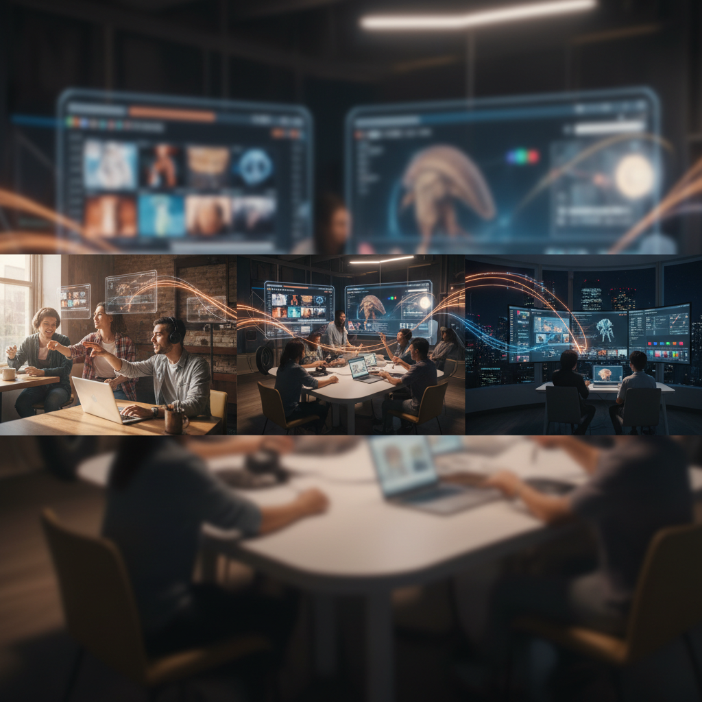 Cloud infrastructure for film production showing remote teams collaborating on shared media assets in real time