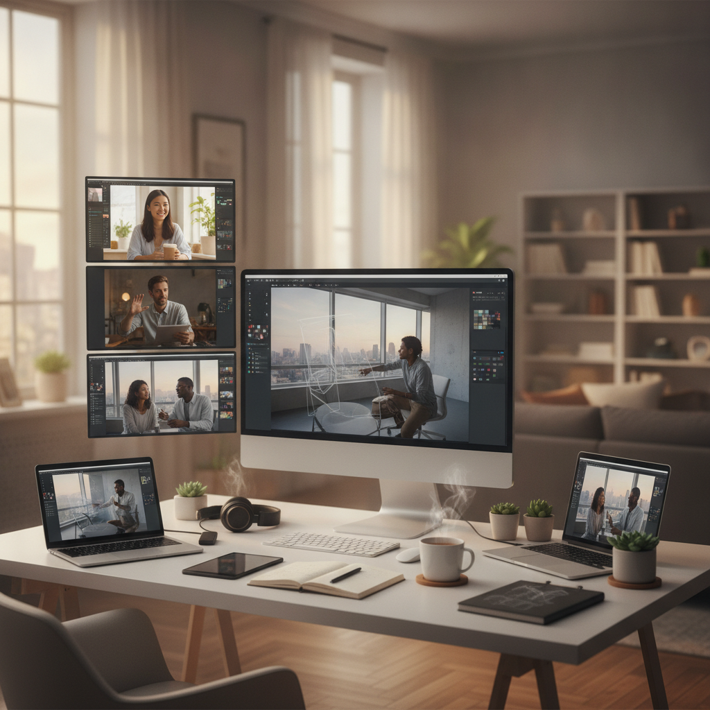 Distributed creative team collaborating on a cloud media production platform across multiple time zones