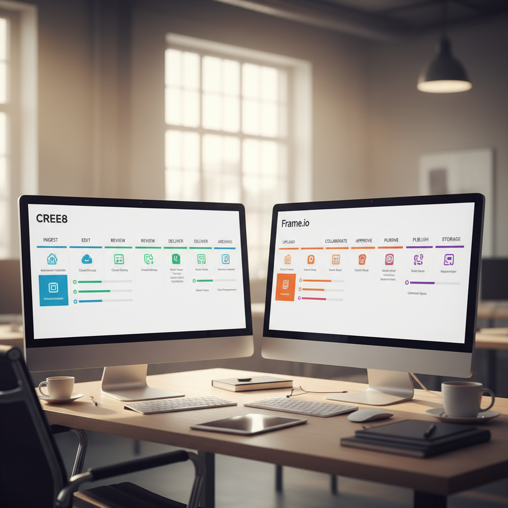 CREE8 vs Frame.io feature comparison dashboard showing production workflow stages