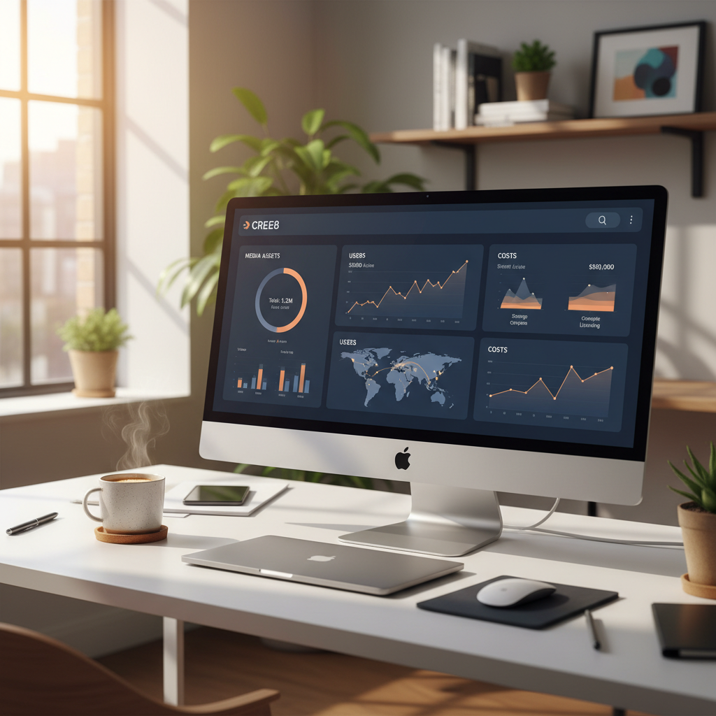 CREE8 cloud-native media production platform dashboard showing total visibility of media assets, users, and costs