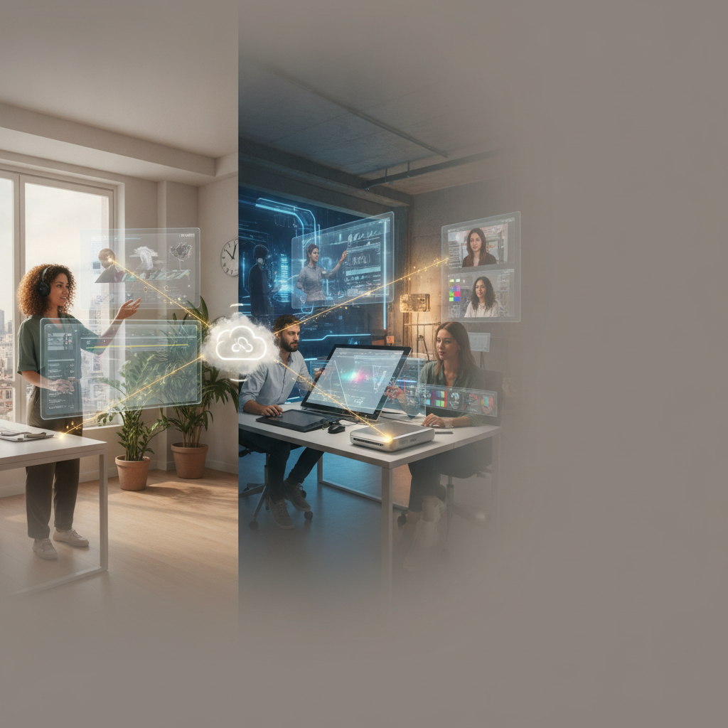 Distributed creative team collaborating on a cloud media production platform with virtual workstations