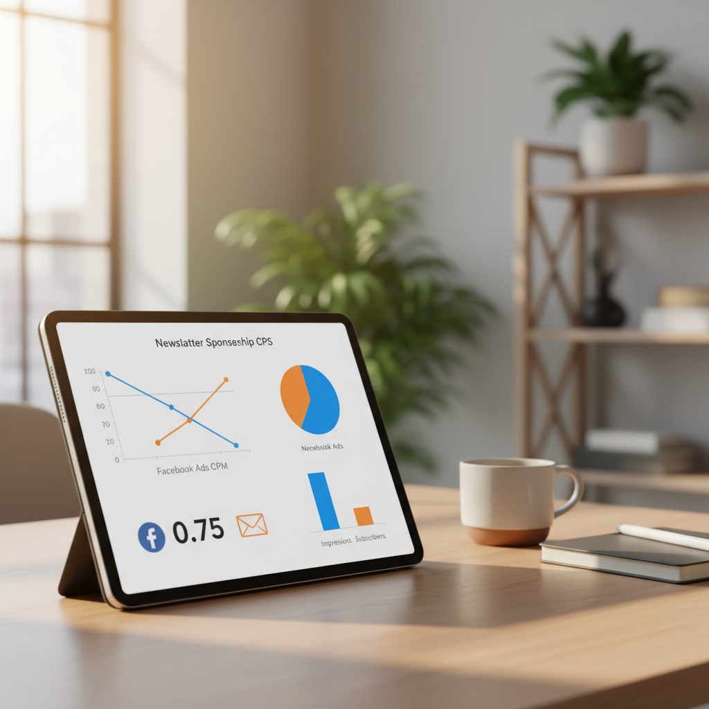 Marketing dashboard comparing Facebook ads CPM versus newsletter sponsorship cost per subscriber