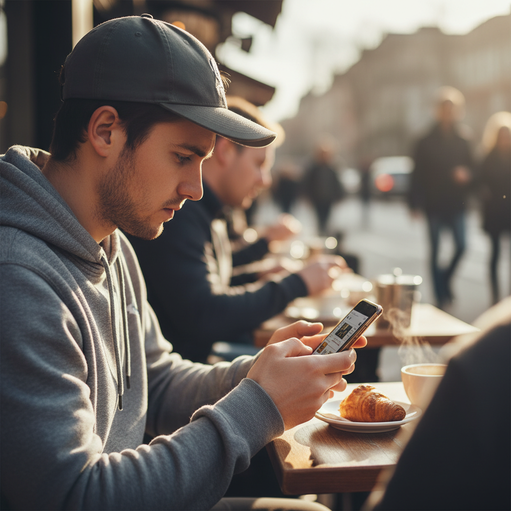 Busy sports fan reading a morning sports news digest on a smartphone