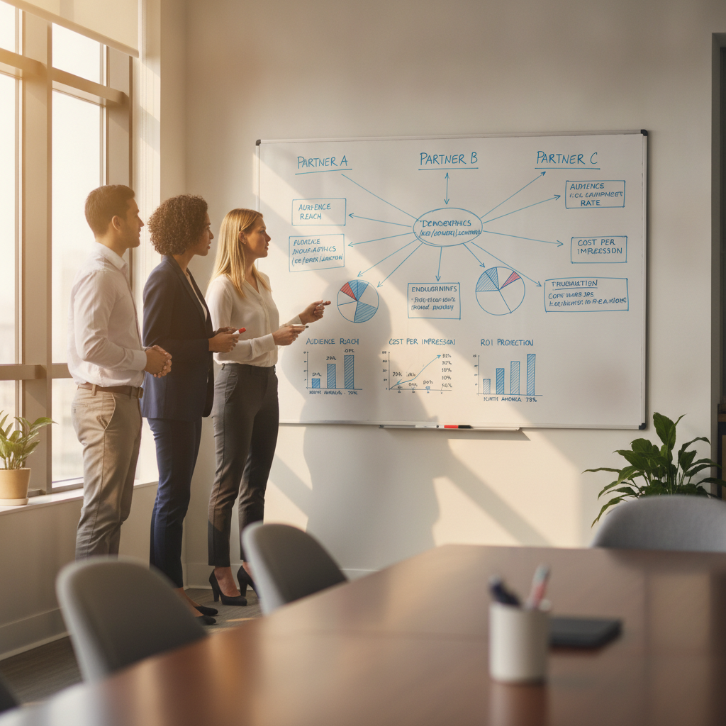 Marketing team evaluating digital media partner options on whiteboard with audience metrics