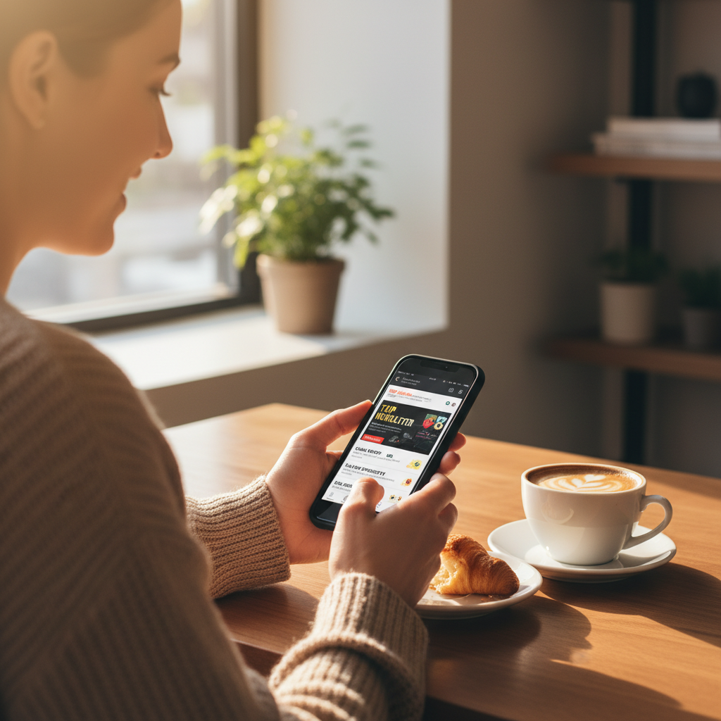 Person reading a daily sports highlights email newsletter on a smartphone during morning coffee
